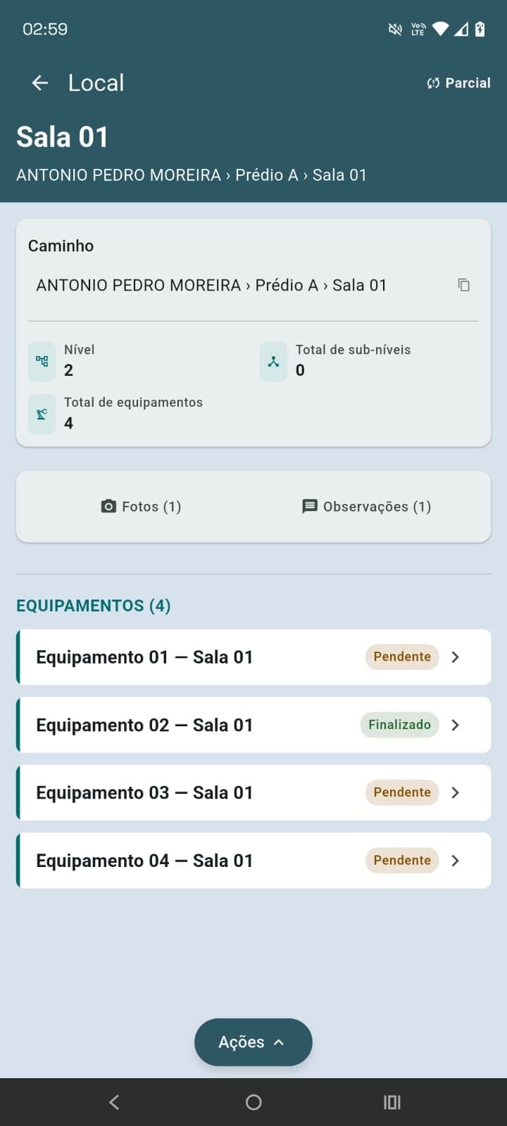 Navegação por locais e equipamentos