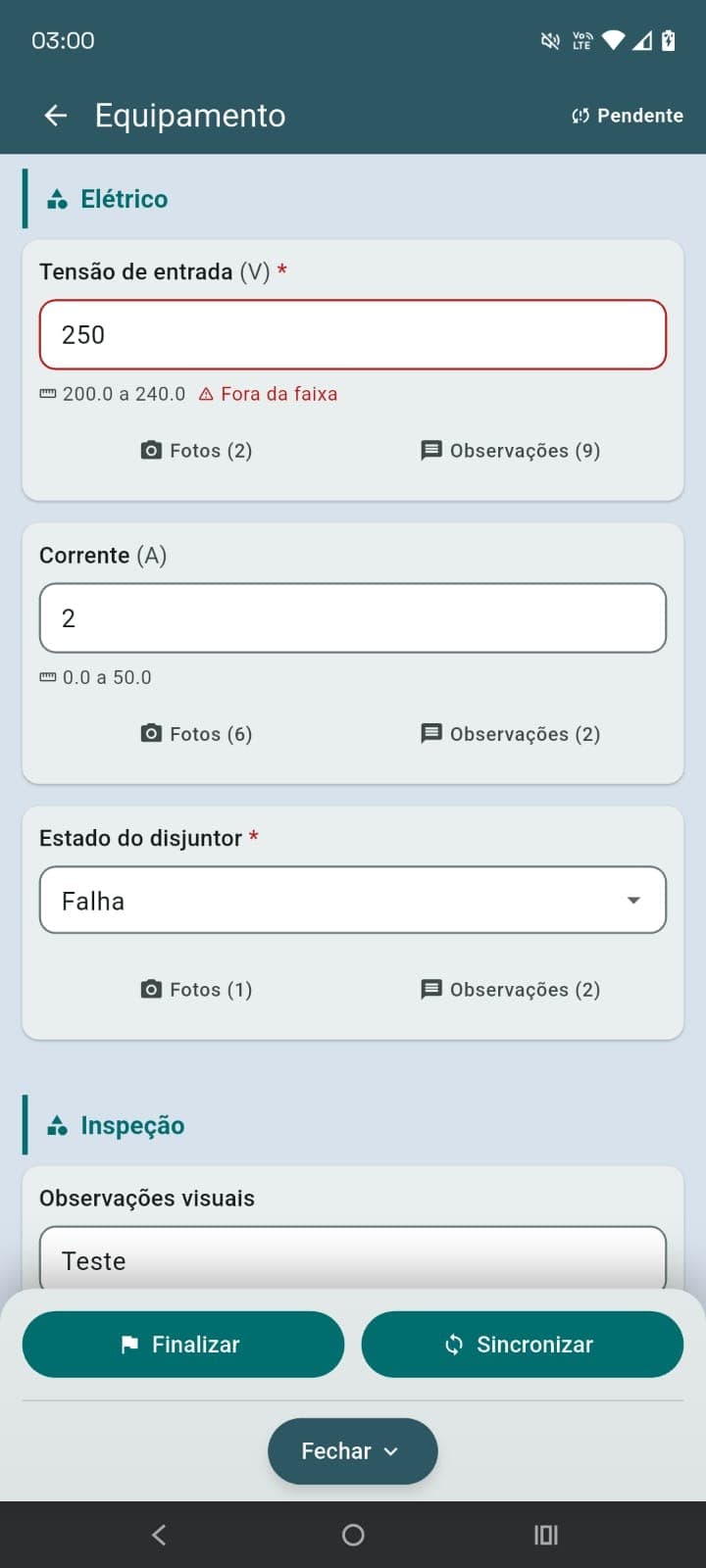 Medições com alerta de valor fora da faixa
