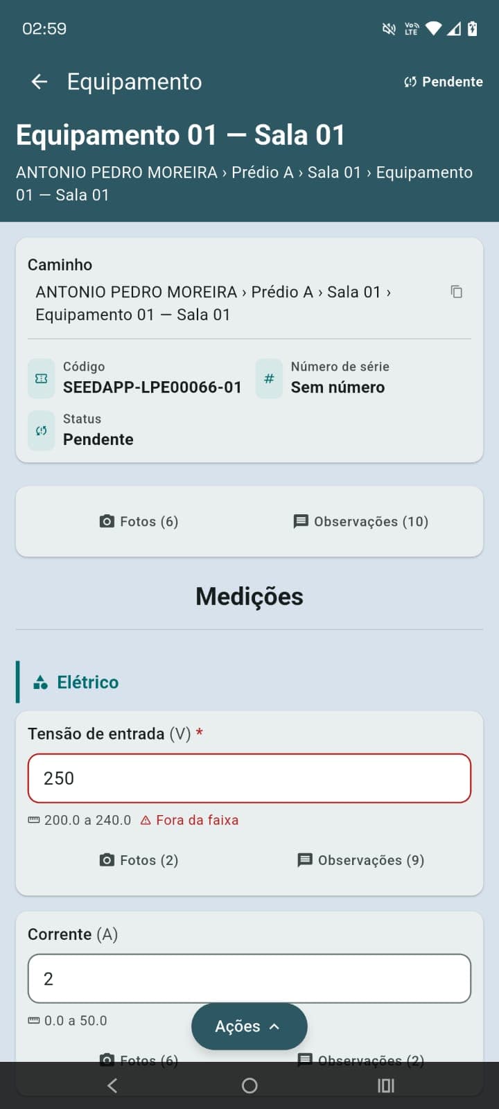 Página do equipamento